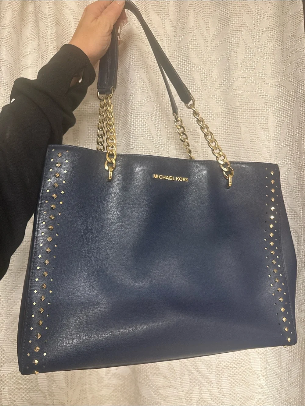 Michael Kors Navy Leather Tote with Gold Chain Handles
